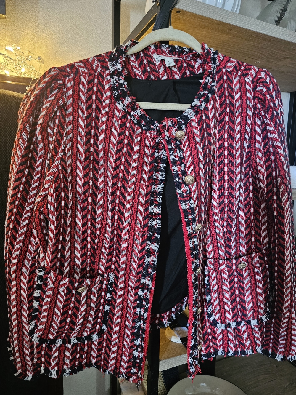 Cato Red Black White Tweed Fringe Blazer with Gold Buttons